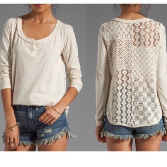 Free People patchwork Lacey back crochet ivory long sleeve top size small - Picture 1 of 8
